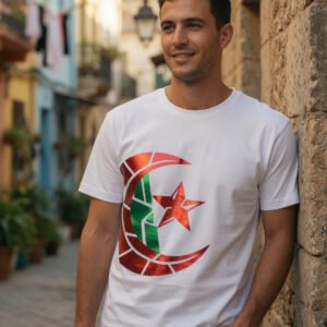T-shirt Blanc Algérie - Croissant Et Étoile Rouge Métallisé - Série Limitée et Numérotée