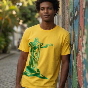T-shirt Jaune Brésil - Christ Rédempteur Vert Métallisé - Série Limitée et Numérotée