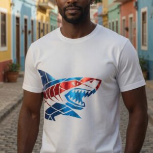 T-shirt Blanc Cap Vert - Requin Bleu Métallisé - Série Limitée et Numérotée